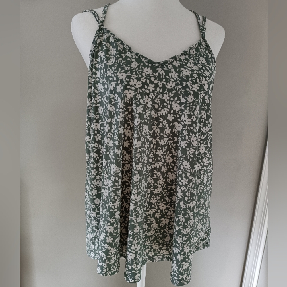 Strappy Flowing Tank, Size M (6/8), Green with White Flowers